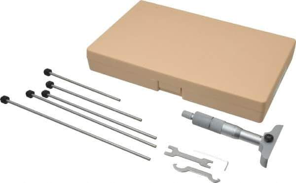 Mitutoyo - 0 to 150mm Range, 6 Rod, Satin Chrome Finish Mechanical Depth Micrometer - Ratchet Stop Thimble, 63.5mm Base Length, 0.01mm Graduation, 4mm Rod Diam - Industrial Tool & Supply