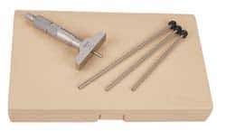 Mitutoyo - 0 to 150mm Range, 6 Rod, Satin Chrome Finish Mechanical Depth Micrometer - Ratchet Stop Thimble, 101.6mm Base Length, 0.01mm Graduation, 4mm Rod Diam - Industrial Tool & Supply