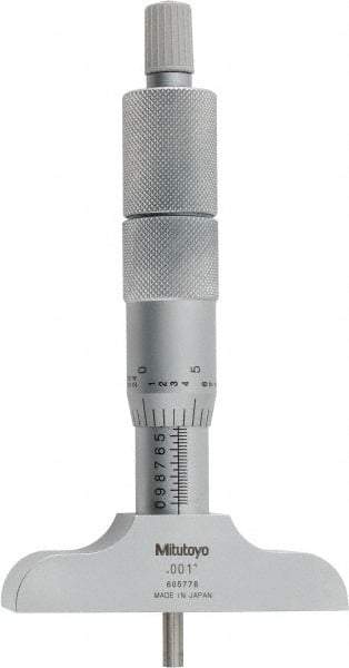 Mitutoyo - 0 to 4" Range, 4 Rod, Satin Chrome Finish Mechanical Depth Micrometer - Ratchet Stop Thimble, 2-1/2" Base Length, 0.01mm Graduation, 4mm Rod Diam - Industrial Tool & Supply
