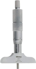 Mitutoyo - 0 to 4" Range, 4 Rod, Satin Chrome Finish Mechanical Depth Micrometer - Ratchet Stop Thimble, 2-1/2" Base Length, 0.01mm Graduation, 4mm Rod Diam - Industrial Tool & Supply