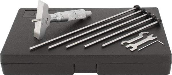 Mitutoyo - 0 to 6" Range, 6 Rod, Satin Chrome Finish Mechanical Depth Micrometer - Ratchet Stop Thimble, 2-1/2" Base Length, 0.01mm Graduation, 4mm Rod Diam - Industrial Tool & Supply