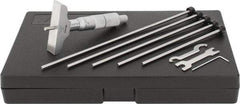 Mitutoyo - 0 to 6" Range, 6 Rod, Satin Chrome Finish Mechanical Depth Micrometer - Ratchet Stop Thimble, 2-1/2" Base Length, 0.01mm Graduation, 4mm Rod Diam - Industrial Tool & Supply