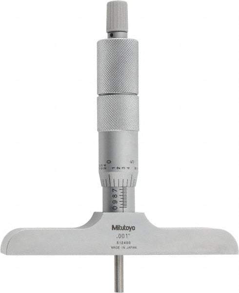 Mitutoyo - 0 to 4" Range, 4 Rod, Satin Chrome Finish Mechanical Depth Micrometer - Ratchet Stop Thimble, 4" Base Length, 0.01mm Graduation, 4mm Rod Diam - Industrial Tool & Supply