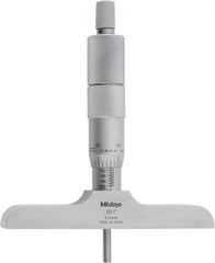 Mitutoyo - 0 to 4" Range, 4 Rod, Satin Chrome Finish Mechanical Depth Micrometer - Ratchet Stop Thimble, 4" Base Length, 0.01mm Graduation, 4mm Rod Diam - Industrial Tool & Supply