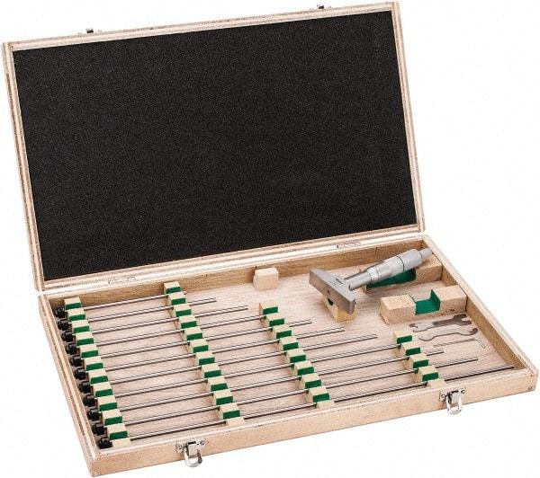 Mitutoyo - 0 to 12" Range, 12 Rod, Satin Chrome Finish Mechanical Depth Micrometer - Ratchet Stop Thimble, 2-1/2" Base Length, 0.01mm Graduation, 4mm Rod Diam - Industrial Tool & Supply