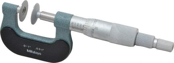 Mitutoyo - 0 to 1 Inch, 0.001 Inch Graduation, Ratchet Stop Thimble, Mechanical Disc Micrometer - 0.0002 Inch Accuracy, 0.7874 Inch Disc, 8mm Spindle, 0.0001 Inch Resolution - Industrial Tool & Supply