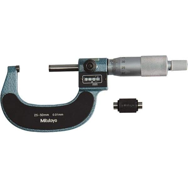 Mitutoyo - Standard Throat Electronic Outside Micrometer - Ratchet Stop Thimble, Carbide-Tipped Face - Industrial Tool & Supply