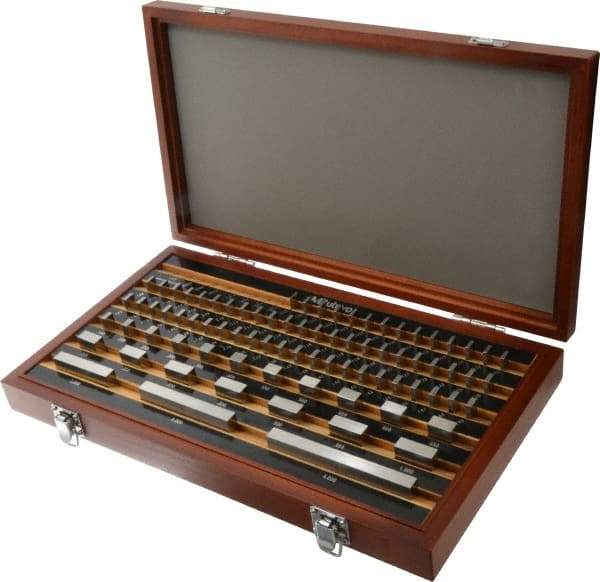 Mitutoyo - 81 Piece, 0.05 to 4", Grade 00, Steel Gage Block Set - Rectangular, 3µ (0.05-1"), 4µ (2"), 6µ (4") Tolerance - Industrial Tool & Supply