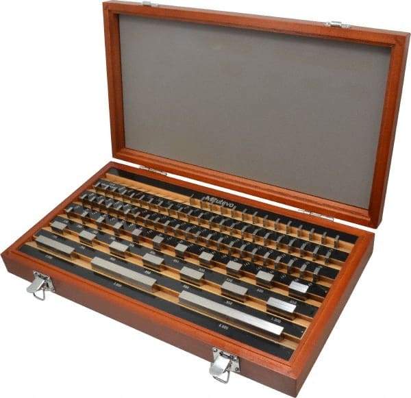 Mitutoyo - 81 Piece, 0.05 to 4", Grade AS-1, Steel Gage Block Set - Rectangular, 12µ (0.45-1"), 16µ (2"), 20µ (3"), 24µ (4"), 8µ (0.05-0.4") Tolerance - Industrial Tool & Supply