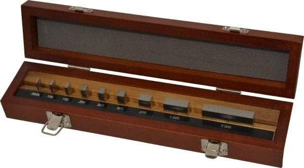 Mitutoyo - 9 Piece, 1/16 to 2", Grade AS-1, Steel Gage Block Set - Rectangular, 12µ (0.5-1"), 16µ (2"), 8µ (0.0625-0.4") Tolerance - Industrial Tool & Supply