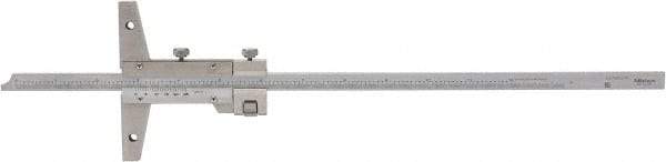 Mitutoyo - 0 to 12 Inch Measurement Range, 410mm Rule Length, 4 Inch Base Length, Vernier Depth Gage - 0.001 Inch Graduation, Accurate to 0.0015 Inch, Stainless Steel, Satin Chrome Coated - Industrial Tool & Supply