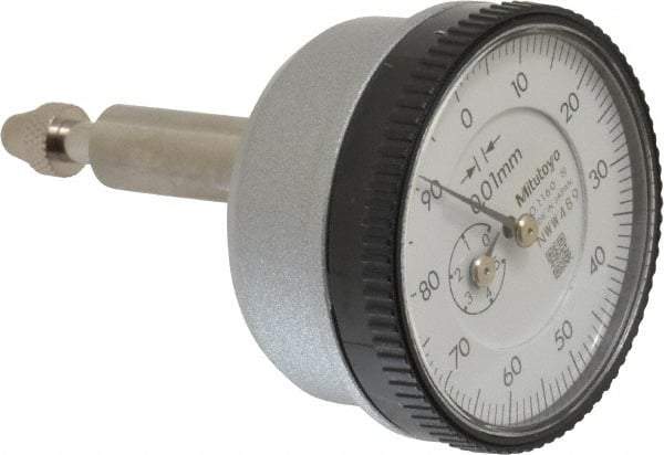Mitutoyo - 5mm Range, 0-100 Dial Reading, 0.01mm Graduation Dial Drop Indicator - 1.5354" Dial, 1mm Range per Revolution, 0.016mm Accuracy - Industrial Tool & Supply