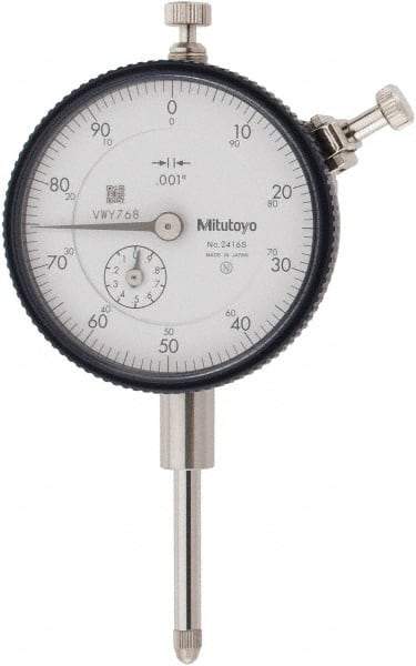 Mitutoyo - 1" Range, 0-100 Dial Reading, 0.001" Graduation Dial Drop Indicator - 2-3/16" Dial, 0.1" Range per Revolution, 0.002" Accuracy, Revolution Counter - Industrial Tool & Supply