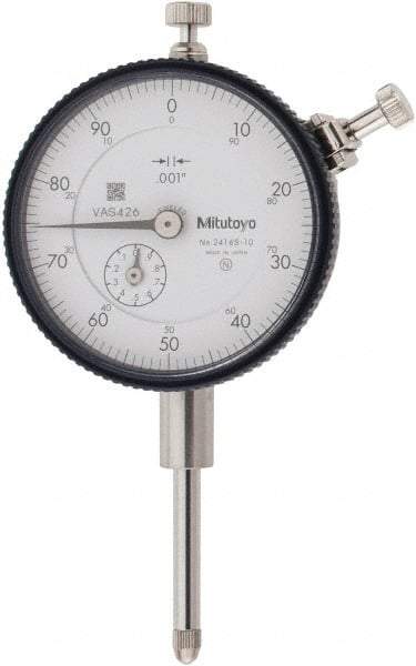 Mitutoyo - 1" Range, 0-100 Dial Reading, 0.001" Graduation Dial Drop Indicator - 2-3/16" Dial, 0.1" Range per Revolution, 0.002" Accuracy, Revolution Counter - Industrial Tool & Supply