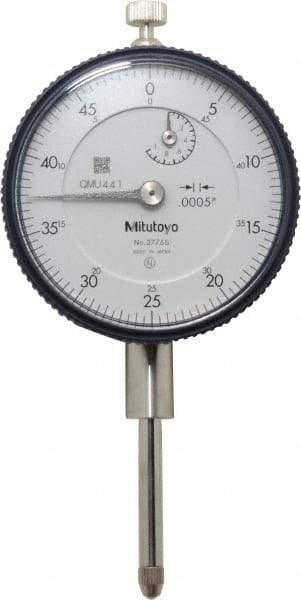 Mitutoyo - 1" Range, 0-50 Dial Reading, 0.0005" Graduation Dial Drop Indicator - 2-3/16" Dial, 0.05" Range per Revolution, 0.002" Accuracy, Revolution Counter - Industrial Tool & Supply