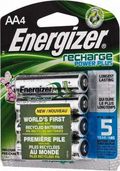 Energizer - Size AA, NiMH, 4 Pack, Standard Battery - 1.2 Volts, Flat Terminal, ANSI Regulated - Industrial Tool & Supply