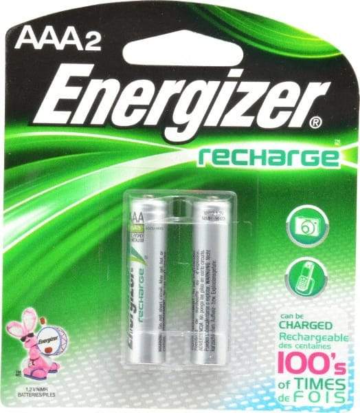 Energizer - Size AAA, NiMH, 2 Pack, Standard Battery - 1.2 Volts, Flat Terminal, ANSI Regulated - Industrial Tool & Supply