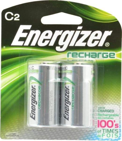 Energizer - Size C, NiMH, 2 Pack, Standard Battery - 1.2 Volts, Flat Terminal, ANSI Regulated - Industrial Tool & Supply