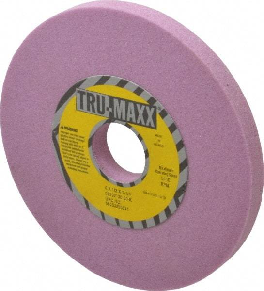 Tru-Maxx - 6" Diam x 1-1/4" Hole x 1/2" Thick, K Hardness, 60 Grit Surface Grinding Wheel - Aluminum Oxide, Type 1, Medium Grade, 5,410 Max RPM, Vitrified Bond, No Recess - Industrial Tool & Supply