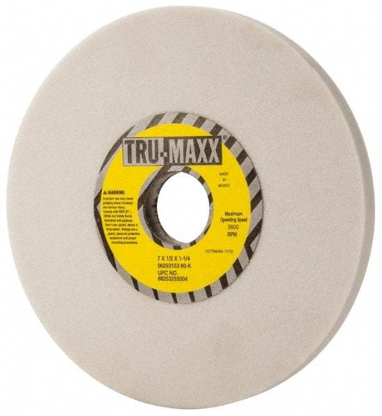 Tru-Maxx - 7" Diam x 1-1/4" Hole x 1/2" Thick, K Hardness, 60 Grit Surface Grinding Wheel - Aluminum Oxide, Type 1, Medium Grade, 3,600 Max RPM, Vitrified Bond, No Recess - Industrial Tool & Supply