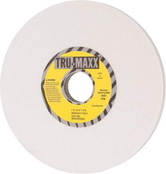 Tru-Maxx - 7" Diam x 1-1/4" Hole x 1/2" Thick, K Hardness, 100 Grit Surface Grinding Wheel - Aluminum Oxide, Type 1, Fine Grade, 3,600 Max RPM, Vitrified Bond, No Recess - Industrial Tool & Supply