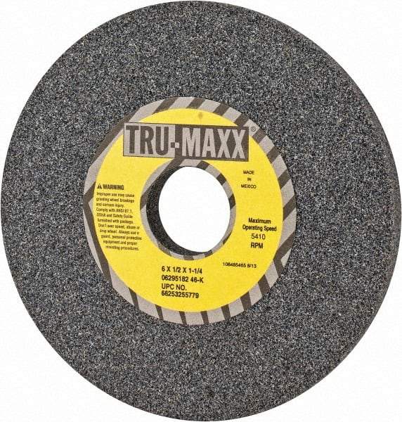 Tru-Maxx - 6" Diam x 1-1/4" Hole x 1/2" Thick, K Hardness, 46 Grit Surface Grinding Wheel - Aluminum Oxide, Type 1, Coarse Grade, 5,410 Max RPM, Vitrified Bond, No Recess - Industrial Tool & Supply
