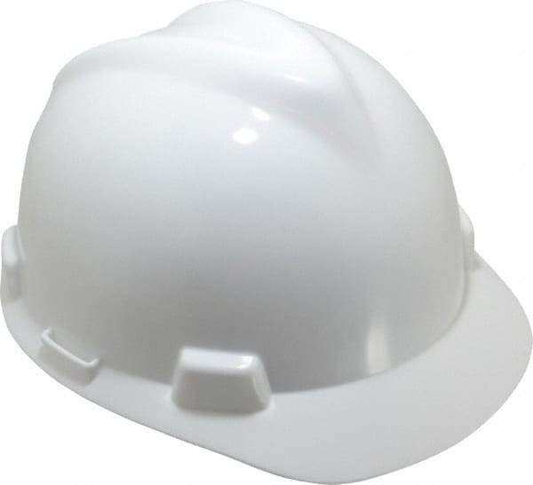 MSA - ANSI Type I, Class E Rated, 8-Point, Pin Lock Adjustment Hard Hat - One Size Fits Most, White, Standard Brim - Industrial Tool & Supply