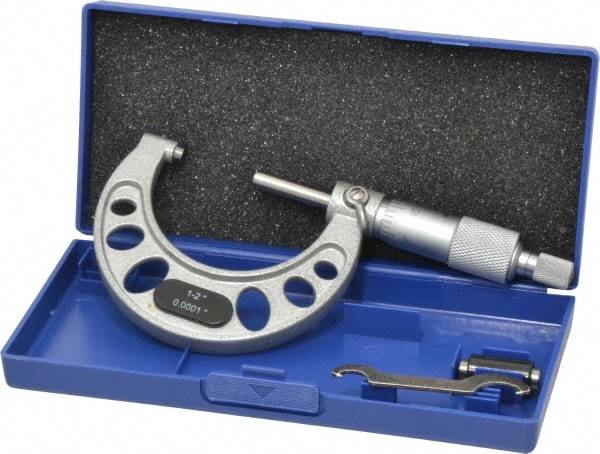 Value Collection - 1 to 2" Range, 0.0001" Graduation, Mechanical Outside Micrometer - Ratchet Stop Thimble, Accurate to 0.0001" - Industrial Tool & Supply