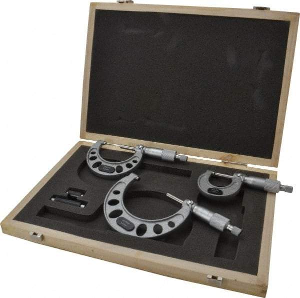 Value Collection - 0 to 75mm Range, 3 Piece Mechanical Outside Micrometer Set - 0.01mm Graduation, 0.005mm Accuracy, Ratchet Stop Thimble, Steel Face - Industrial Tool & Supply