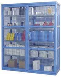 Denios - 2 Door, 8 Shelf, Blue Steel Caged Containment Shelving Safety Cabinet for Corrosive Chemicals - 87" High x 74" Wide x 28" Deep, Manual Closing Door - Industrial Tool & Supply