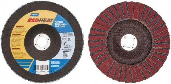 Norton - 36 Grit, 7" Disc Diam, 7/8" Center Hole, Type 29 Ceramic Flap Disc - 8,600 Max RPM, Fiberglass Backing, Arbor Attaching System, Coated - Industrial Tool & Supply