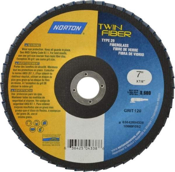 Norton - 120 Grit, 7" Disc Diam, 7/8" Center Hole, Type 29 Ceramic Flap Disc - 8,600 Max RPM, Fiberglass Backing, Arbor Attaching System, Coated - Industrial Tool & Supply