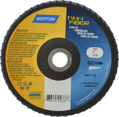 Norton - 120 Grit, 7" Disc Diam, 7/8" Center Hole, Type 29 Ceramic Flap Disc - 8,600 Max RPM, Fiberglass Backing, Arbor Attaching System, Coated - Industrial Tool & Supply