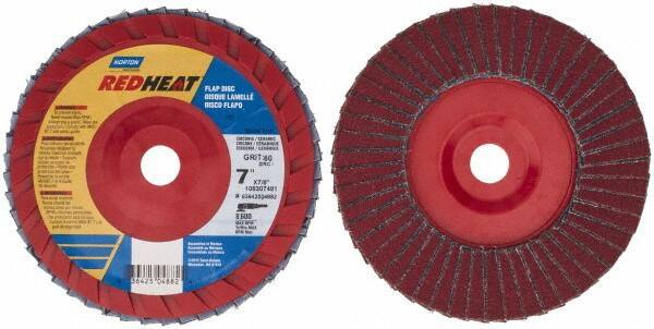 Norton - 60 Grit, 7" Disc Diam, 7/8" Center Hole, Type 27 Ceramic Flap Disc - 8,600 Max RPM, Plastic Backing, Arbor Attaching System, Coated - Industrial Tool & Supply