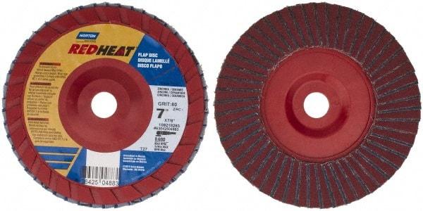 Norton - 80 Grit, 7" Disc Diam, 7/8" Center Hole, Type 27 Ceramic Flap Disc - 8,600 Max RPM, Plastic Backing, Arbor Attaching System, Coated - Industrial Tool & Supply
