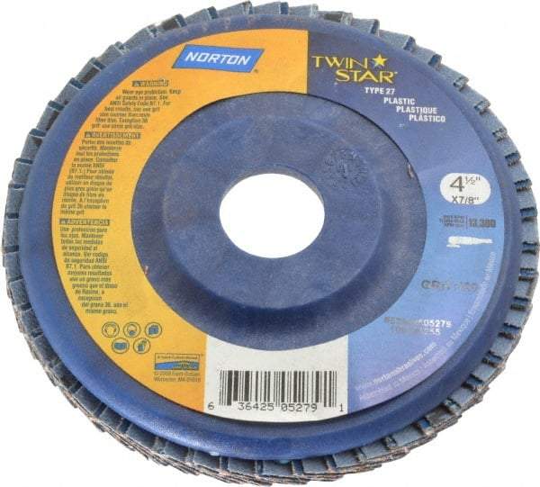 Norton - 120 Grit, 4-1/2" Disc Diam, 7/8" Center Hole, Type 27 Ceramic Flap Disc - 13,000 Max RPM, Plastic Backing, Arbor Attaching System, Coated - Industrial Tool & Supply