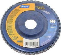 Norton - 120 Grit, 4-1/2" Disc Diam, 7/8" Center Hole, Type 27 Ceramic Flap Disc - 13,000 Max RPM, Plastic Backing, Arbor Attaching System, Coated - Industrial Tool & Supply