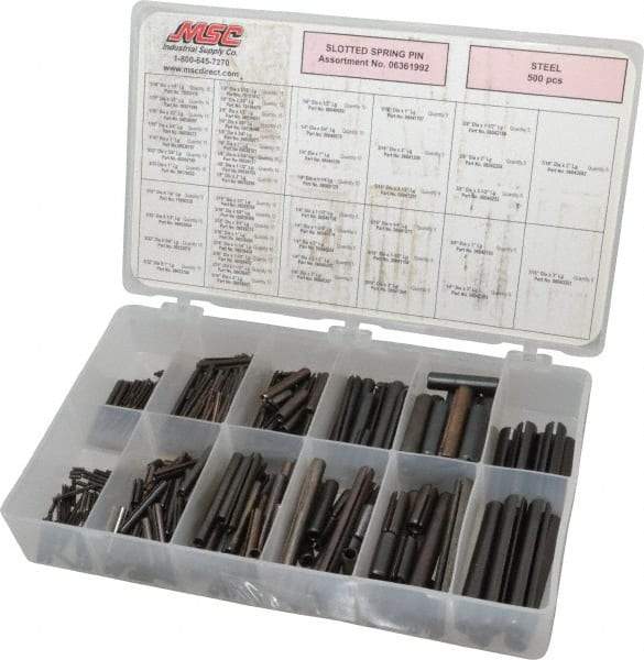 Made in USA - 500 Piece, 1/16 to 7/16" Pin Diam, Spring Pin Assortment - Steel - Industrial Tool & Supply