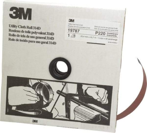 3M - 1" x 50 Yd 220 Grit Aluminum Oxide Cloth Roll - Very Fine Grade, J Weighted Backing - Industrial Tool & Supply