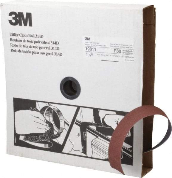 3M - 1-1/2" x 50 Yd 80 Grit Aluminum Oxide Cloth Roll - Medium Grade, J Weighted Backing - Industrial Tool & Supply