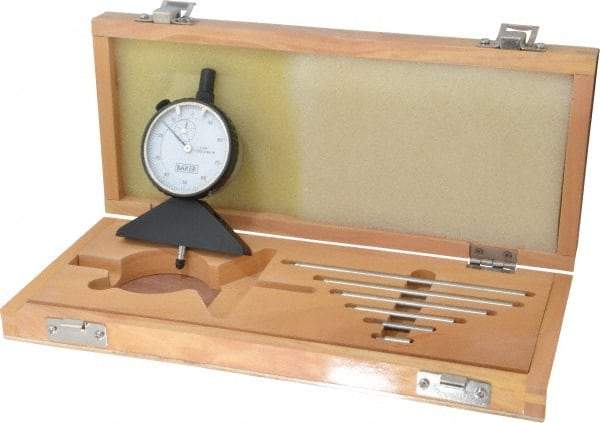 Value Collection - 0 to 10 Inch Range, Steel, White Dial Depth Gage - 0.001 Inch Graduation, 0.001 Inch Accuracy, 1/2 Inch Travel, 3-1/8 Inch Base Measuring Length - Industrial Tool & Supply