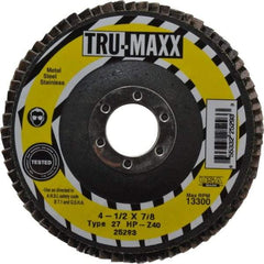 Tru-Maxx - 40 Grit, 4-1/2" Disc Diam, 7/8" Center Hole, Type 27 Zirconia Alumina Flap Disc - 13,300 Max RPM, Arbor Attaching System, Coated - Industrial Tool & Supply