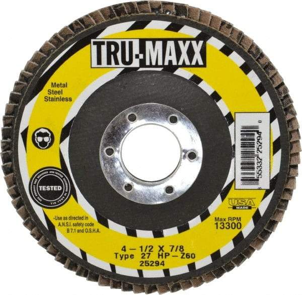 Tru-Maxx - 60 Grit, 4-1/2" Disc Diam, 7/8" Center Hole, Type 27 Zirconia Alumina Flap Disc - 13,300 Max RPM, Arbor Attaching System, Coated - Industrial Tool & Supply