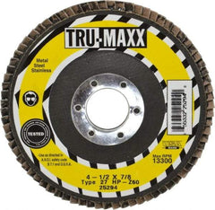 Tru-Maxx - 60 Grit, 4-1/2" Disc Diam, 7/8" Center Hole, Type 27 Zirconia Alumina Flap Disc - 13,300 Max RPM, Arbor Attaching System, Coated - Industrial Tool & Supply