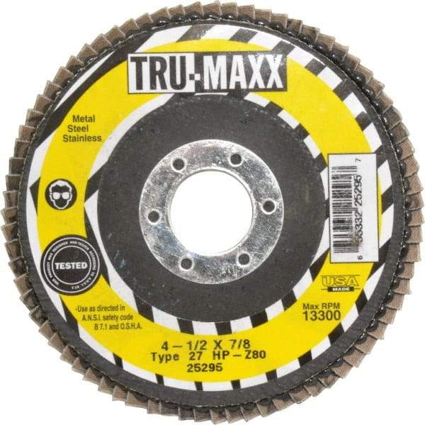 Tru-Maxx - 80 Grit, 4-1/2" Disc Diam, 7/8" Center Hole, Type 27 Zirconia Alumina Flap Disc - 13,300 Max RPM, Arbor Attaching System, Coated - Industrial Tool & Supply