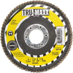 Tru-Maxx - 80 Grit, 4-1/2" Disc Diam, 7/8" Center Hole, Type 27 Zirconia Alumina Flap Disc - 13,300 Max RPM, Arbor Attaching System, Coated - Industrial Tool & Supply