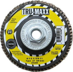 Tru-Maxx - 40 Grit, 4-1/2" Disc Diam, 5/8-11 Center Hole, Type 27 Zirconia Alumina Flap Disc - 13,300 Max RPM, Arbor Attaching System, Coated - Industrial Tool & Supply