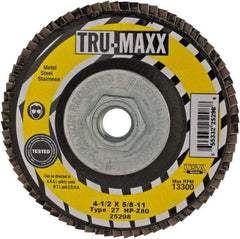 Tru-Maxx - 80 Grit, 4-1/2" Disc Diam, 5/8-11 Center Hole, Type 27 Zirconia Alumina Flap Disc - 13,300 Max RPM, Arbor Attaching System, Coated - Industrial Tool & Supply