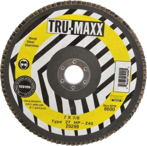 Tru-Maxx - 40 Grit, 7" Disc Diam, 7/8" Center Hole, Type 27 Zirconia Alumina Flap Disc - 8,600 Max RPM, Arbor Attaching System, Coated - Industrial Tool & Supply