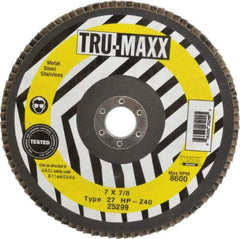 Tru-Maxx - 40 Grit, 7" Disc Diam, 7/8" Center Hole, Type 27 Zirconia Alumina Flap Disc - 8,600 Max RPM, Arbor Attaching System, Coated - Industrial Tool & Supply